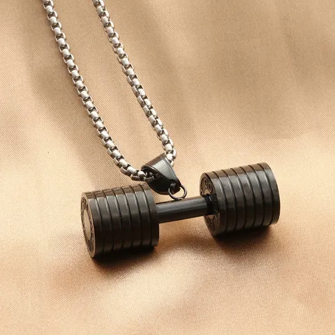 Titanium Steel Dumbbell Pendant Necklace For Men Fitness Gym Jewelry GO FIT Engraved Punk Retro Style Accessory