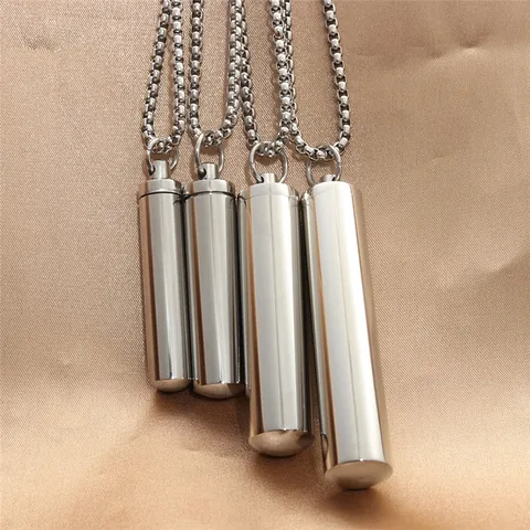 Vintage Stainless Steel Cylindrical Perfume Bottle Pendant Necklace For Men Punk Minimalist Memorial Cremation Urn Jewelry