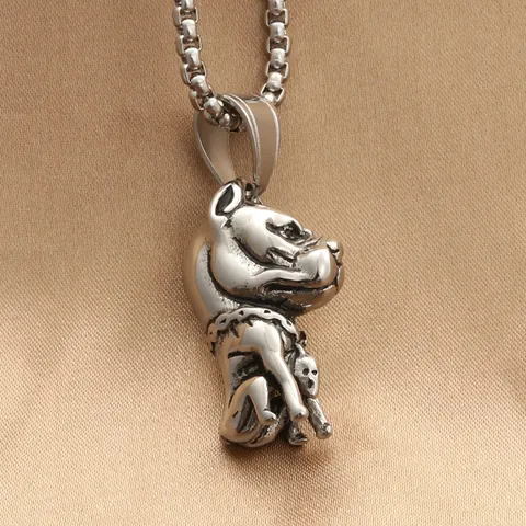 Vintage Stainless Steel Bulldog Pendant Necklace Gothic Punk Pitbull Head Skull Spiked Collar Jewelry For Men Daily Gift