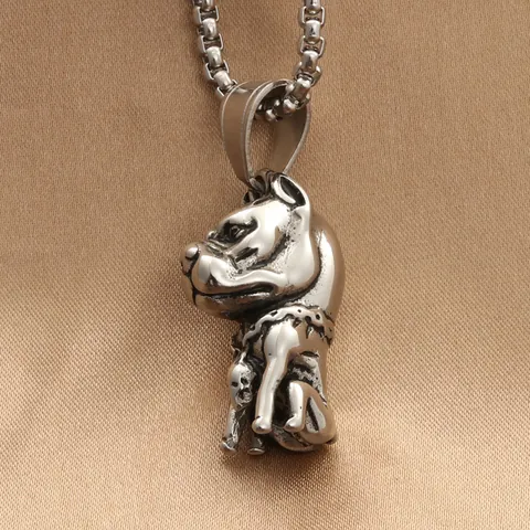 Vintage Stainless Steel Bulldog Pendant Necklace Gothic Punk Pitbull Head Skull Spiked Collar Jewelry For Men Daily Gift