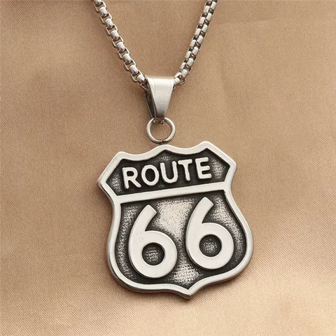 Vintage Route 66 Shield Pendant Necklace For Men Stainless Steel Titanium Biker Punk Highway Sign Silver Pendant Necklace Jewelry