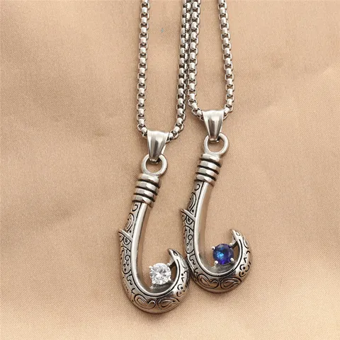 Retro Titanstahl Angelhaken Anhänger Halskette Für Herren Stammesmuster Zirkonia Punk Nautischer Stil Schmuck Geschenk