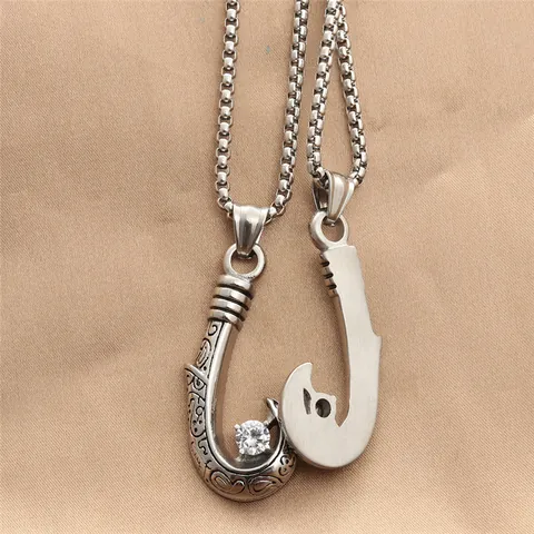 Retro Titanstahl Angelhaken Anhänger Halskette Für Herren Stammesmuster Zirkonia Punk Nautischer Stil Schmuck Geschenk
