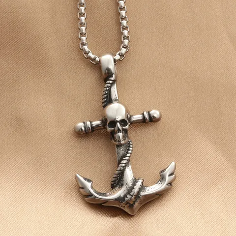 Collana Con Ciondolo Ancora Teschio Gotico Vintage Da Uomo In Acciaio Al Titanio Con Catena A Scatola Gioielli Punk Hip Hop