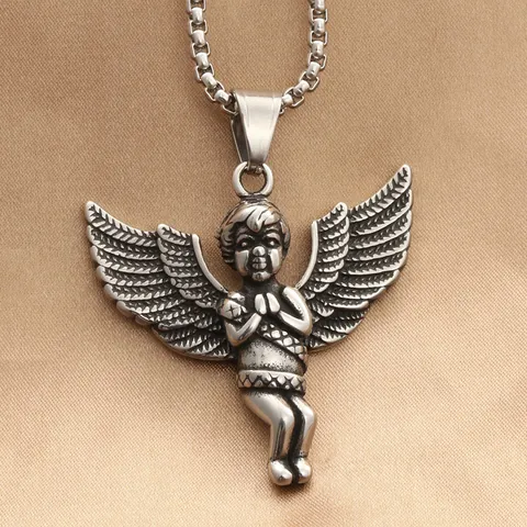 Retro Stainless Steel Praying Angel Pendant Necklace For Men Women Vintage Cupid Wings Gothic Punk Jewelry Accessories Gift