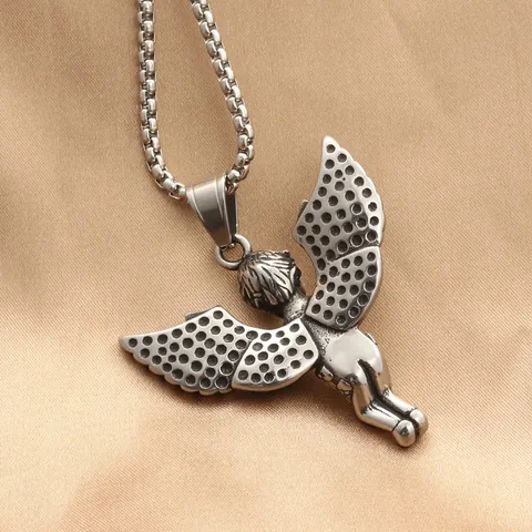 Retro Stainless Steel Praying Angel Pendant Necklace For Men Women Vintage Cupid Wings Gothic Punk Jewelry Accessories Gift