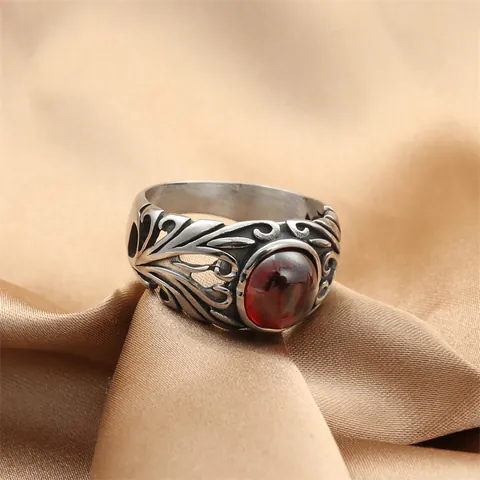 Vintage Stainless Steel Red Gemstone Ring For Men Gothic Punk Engraved Scroll Pattern Band Oval Synthetic Ruby Jewelry Gift