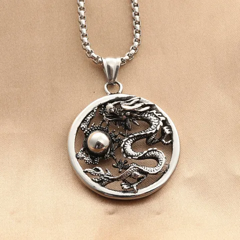 Vintage Dragon Pendant Necklace For Men Stainless Steel Hollow Round Disc Dragon Playing Artificial Pearl Punk Rock Biker Jewelry Antique Silver Finish