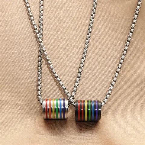Stainless Steel Rainbow Striped Cylindrical Pendant Necklace For Men Women Punk Pride Jewelry Box Chain Double Layer Necklaces