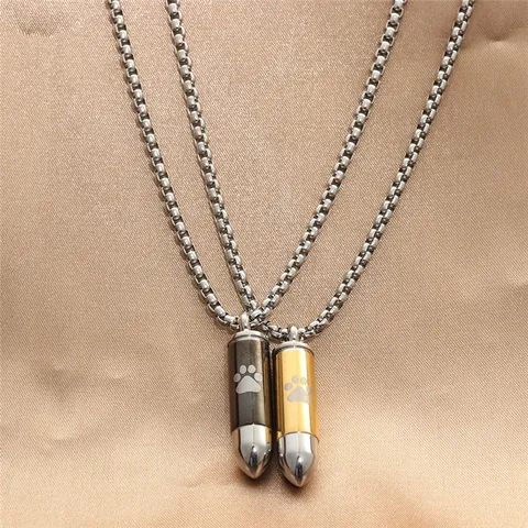 Men Stainless Steel Bullet Perfume Bottle Pendant Necklace Retro Punk Pet Paw Print Urn Cremation Memorial Jewelry Gift