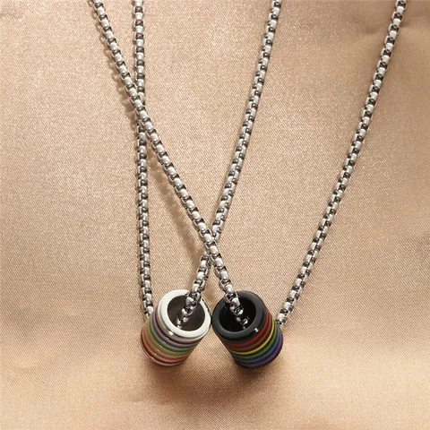 Stainless Steel Rainbow Striped Cylindrical Pendant Necklace For Men Women Punk Pride Jewelry Box Chain Double Layer Necklaces