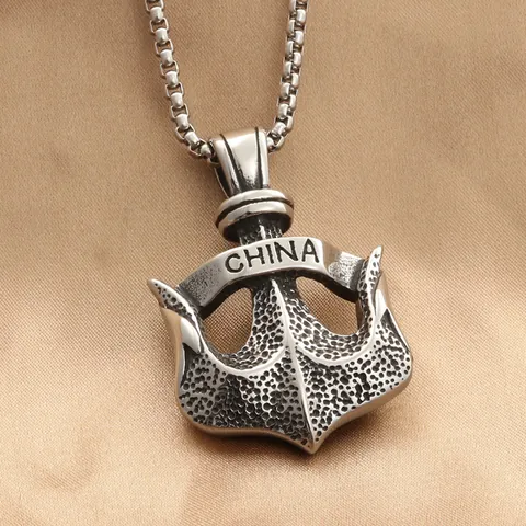 Collier Pendentif Ancre Trident en Acier Inoxydable Vintage pour Homme Texture Martelée Style Punk Rétro Bijoux Gravés CHINA
