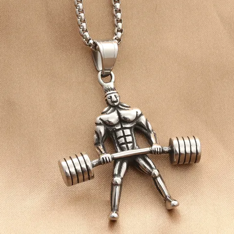 Men's Retro Titanium Steel Barbell Weightlifting Muscle Man Pendant Necklace Punk Fitness Gym Style Stainless Steel Jewelry