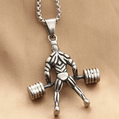 Men's Retro Titanium Steel Barbell Weightlifting Muscle Man Pendant Necklace Punk Fitness Gym Style Stainless Steel Jewelry