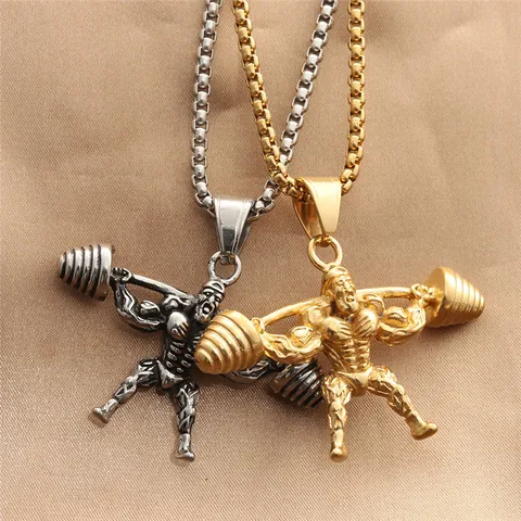 Punk Stainless Steel Muscle Man Barbell Weightlifting Pendant Necklace Retro Titanium Steel Fitness Jewelry For Men Workout Gift