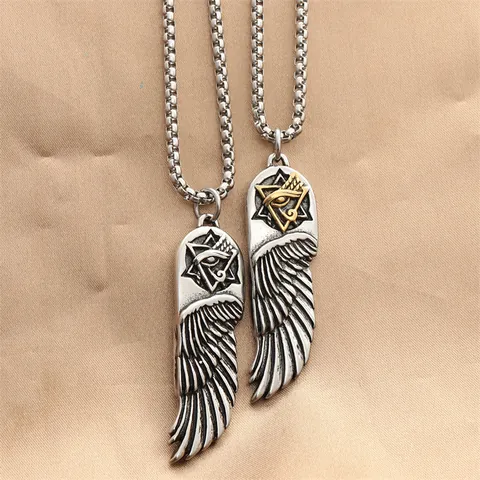 Vintage Stainless Steel Angel Wing Pendant Necklace For Men Retro Punk Feather Eye Of Horus Star Of David Necklaces Jewelry