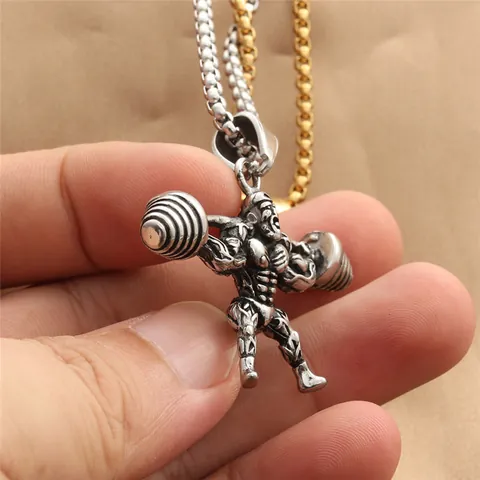 Punk Stainless Steel Muscle Man Barbell Weightlifting Pendant Necklace Retro Titanium Steel Fitness Jewelry For Men Workout Gift