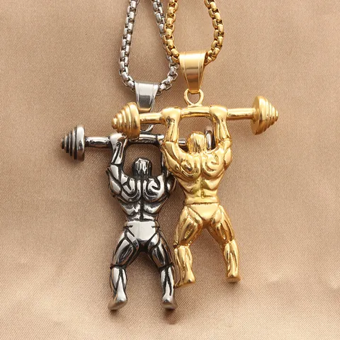 Vintage Stainless Steel Weightlifter Pendant Necklace For Men Fitness Gym Strong Man Punk Hip Hop Jewelry Gift Accessory