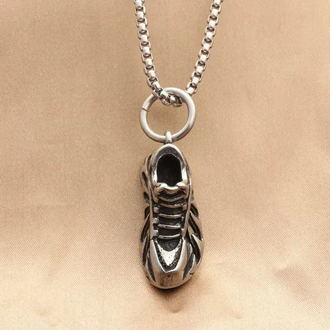 Vintage Stainless Steel Sneaker Pendant Necklace For Men Punk Hip Hop Streetwear Jewelry Silver Distressed Shoe Charm