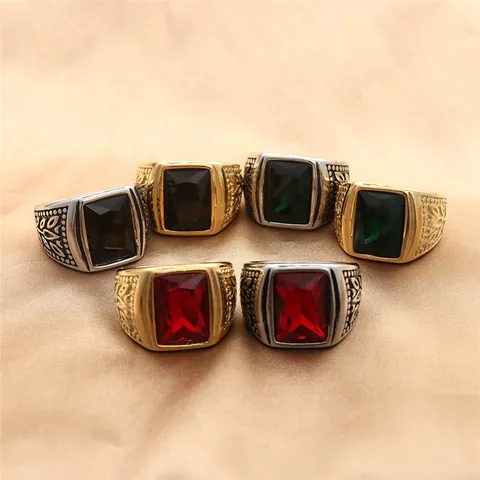 Vintage Men's Stainless Steel Square Gemstone Ring Punk Retro Gold Silver Plated Carved Leaf Signet Ring Jewelry Gift