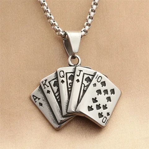 Retro Titanium Steel Poker Spades Royal Flush Pendant Necklace For Men Vintage Punk Jewelry With Chain Or Pendant Only