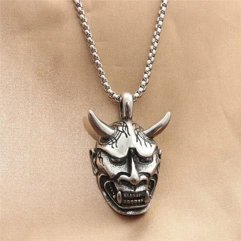 Stainless Steel Hannya Mask Pendant Necklace For Men Vintage Gothic Punk Demon Ghost Mask Retro Jewelry Accessory Gift