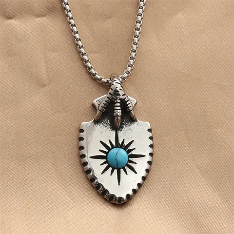 Vintage Titanium Steel Eagle Claw Shield Pendant Necklace For Men Retro Punk Ethnic Jewelry With Turquoise Sunburst Design