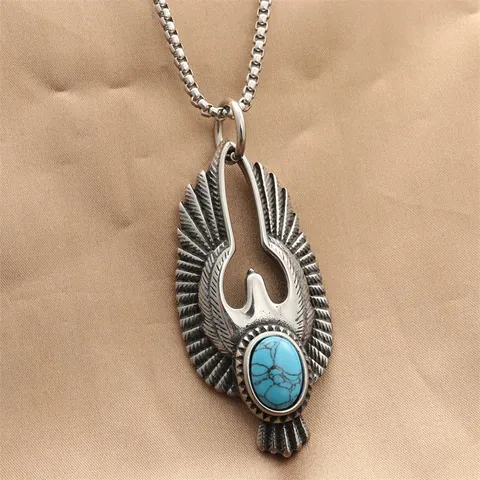 Vintage Stainless Steel Eagle Pendant Necklace With Synthetic Turquoise Punk Ethnic Indian Style Jewelry For Men Retro Silver