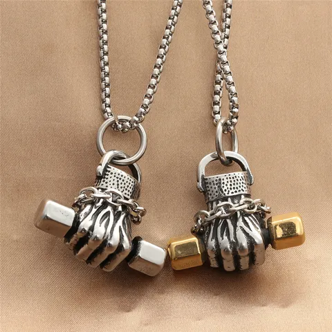 Punk Titanium Steel Dumbbell Pendant Necklace For Men Fitness Muscle Fist Jewelry Gothic Heavy Metal Gym Enthusiast Necklace