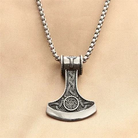 Vintage Titanium Steel Thor's Hammer Mjolnir Pendant Necklace For Men Viking Slavic Kolovrat Symbol Punk Retro Silver Jewelry