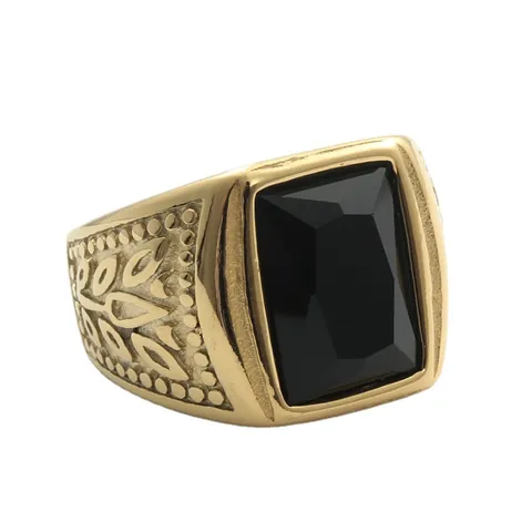 Vintage Men's Stainless Steel Square Gemstone Ring Punk Retro Gold Silver Plated Carved Leaf Signet Ring Jewelry Gift