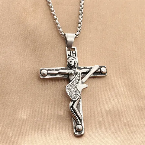 Vintage Rock Punk Stainless Steel Cross Guitar Crucifix Pendant Necklace For Men JH Letter Rhinestone Inlaid Jewelry Gift