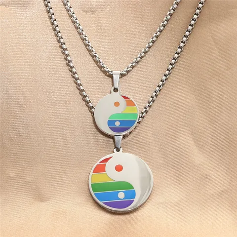 Collar con Colgante de Arcoíris Tai Chi Yin Yang de Acero Inoxidable para Hombre Mujer Joyería del Orgullo Esmalte Cadena de Caja