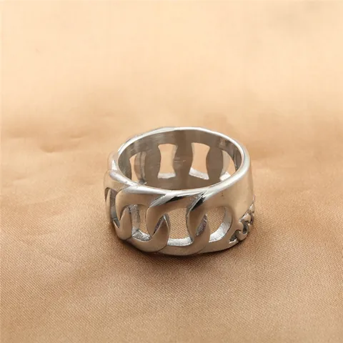 Retro Punk Stainless Steel Chain Ring For Men Wide Cuban Link Hollow Out Silver Finger Ring Industrial Streetwear Jewelry Gift
