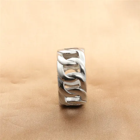 Retro Punk Stainless Steel Chain Ring For Men Wide Cuban Link Hollow Out Silver Finger Ring Industrial Streetwear Jewelry Gift