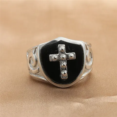 Vintage Titanium Steel Cross Shield Ring For Men Punk Gothic Black Enamel Stainless Steel Scroll Pattern Biker Ring Jewelry