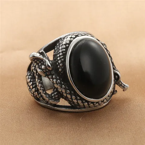 Vintage Men Punk Snake Ring 316 Stainless Steel With Oval Black Onyx Stone Retro Gothic Animal Finger Jewelry For Men