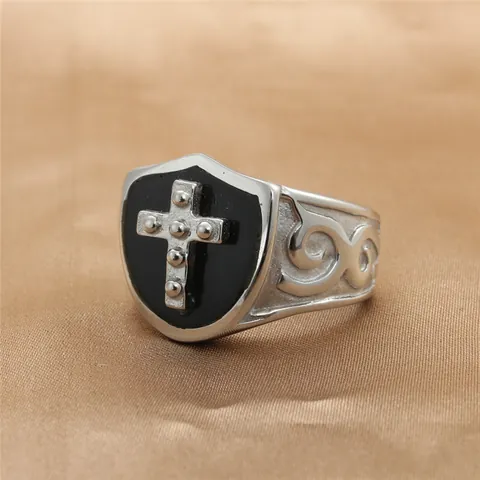 Vintage Titanium Steel Cross Shield Ring For Men Punk Gothic Black Enamel Stainless Steel Scroll Pattern Biker Ring Jewelry