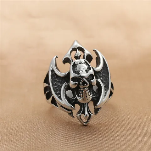 Retro Gothic Skull Bat Wing Ring Men Vintage Titanium Steel Punk Biker Finger Band Jewelry Accessory Party Gift Silver