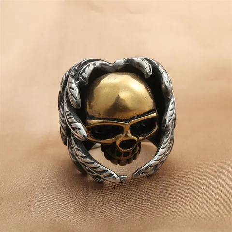 Vintage 316 Titanium Steel Skull Ring For Men Two-Tone Gold Silver Feather Wings Gothic Punk Distressed Biker Finger Ring Jewelry