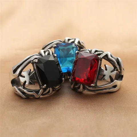 Vintage Gotische Roestvrij Stalen Kruis Ring Voor Heren Rechthoekige Zirkonia Ingelegd Heavy Metal Biker Punk Vinger Sieraden