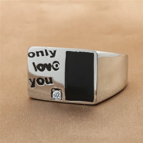 Anillo de Sello Cuadrado de Acero Inoxidable Vintage para Hombre Grabado Only Love You Esmalte Negro Circonita Joyería Punk Hip Hop