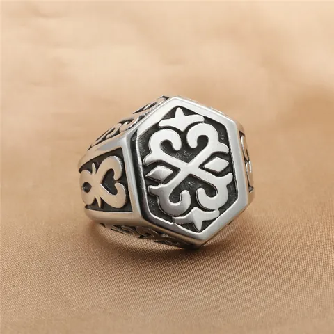 Vintage Hexagonal Celtic Knot Totem Ring For Men Punk Gothic 316 Stainless Steel Antique Silver Finish Biker Band Jewelry