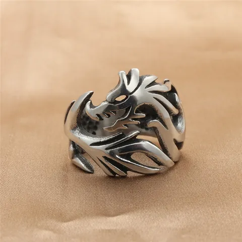 Vintage Men Gothic Punk 316 Stainless Steel Dragon Ring Hollow Tyrannosaurus Head Finger Ring For Men Jewelry Gift