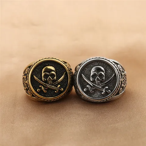 Men's Retro Punk 316 Stainless Steel Skull Crossed Swords Rudder Ring Gothic Pirate Jolly Roger Jewelry Gift Gold Silver