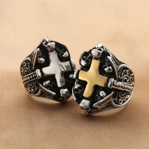 Anillo de Acero Inoxidable Gótico Vintage con Cruz y Calavera para Hombre Acero de Titanio 316 Biker Pulido Joyería Regalo