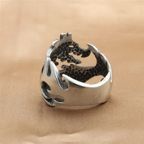 Vintage Men Gothic Punk 316 Stainless Steel Dragon Ring Hollow Tyrannosaurus Head Finger Ring For Men Jewelry Gift