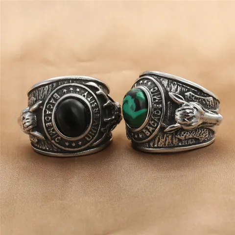 Herren Retro 316 Edelstahl Ring Universität Akademischer Stil Mit Schwarz Grünem Stein Vintage Tier Relief Punk Schmuck