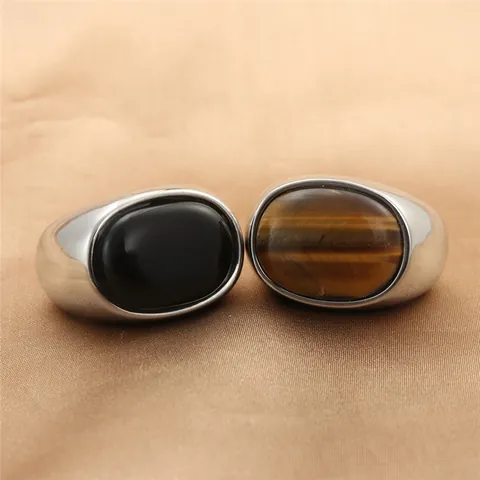 Retro 316 Stainless Steel Signet Ring For Men Oval Black Onyx Tiger Eye Stone Inlaid Polished Punk Rock Hip Hop Jewelry Finger Ring