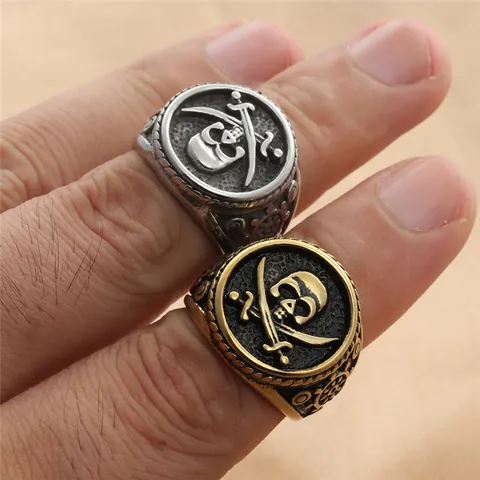 Men's Retro Punk 316 Stainless Steel Skull Crossed Swords Rudder Ring Gothic Pirate Jolly Roger Jewelry Gift Gold Silver